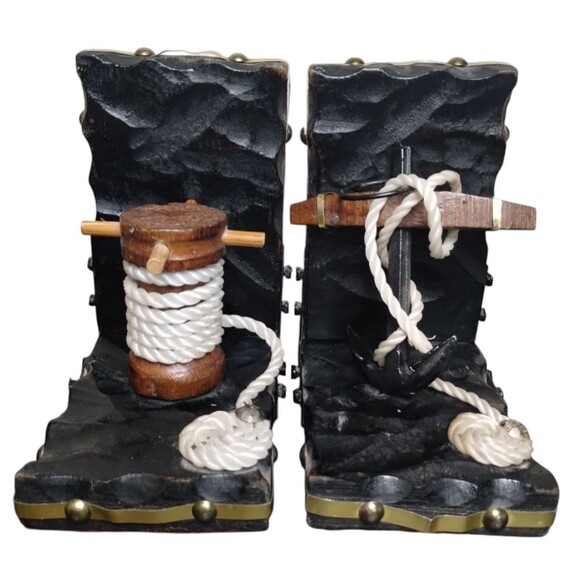 Vintage Nautical Wood Maritime Carved Black Bookends 2PC - Picture 4 of 8